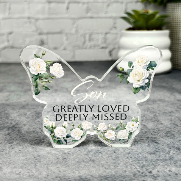 Son White Roses Memorial Butterfly Plaque Sympathy Gift Keepsake Gift