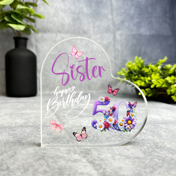 Sister 50th Birthday Present Purple Chamomile Floral Heart Plaque Keepsake Gift