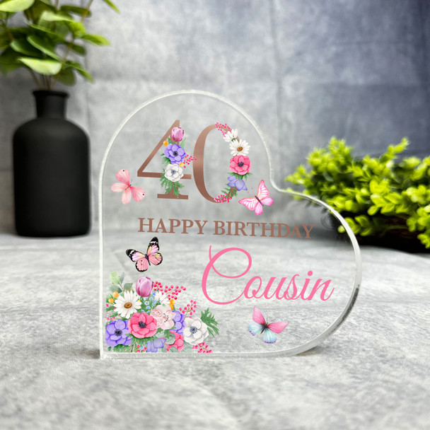 Cousin 40th Pink Purple Floral Happy Birthday Present Heart Plaque Keepsake Gift