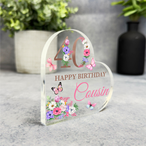 Cousin 40th Pink Purple Floral Happy Birthday Present Heart Plaque Keepsake Gift