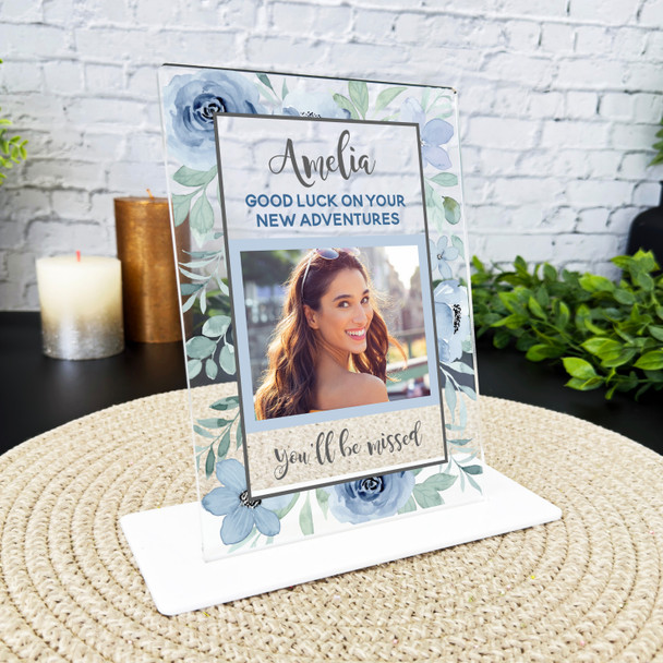 Goodbye Good Luck Gift For Female Blue Flowers Photo Personalised Gift Plaque