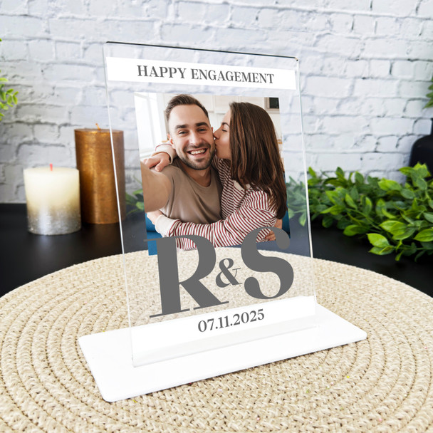 Happy Engagement Gift Initials Photo White Grey Personalised Gift Acrylic Plaque