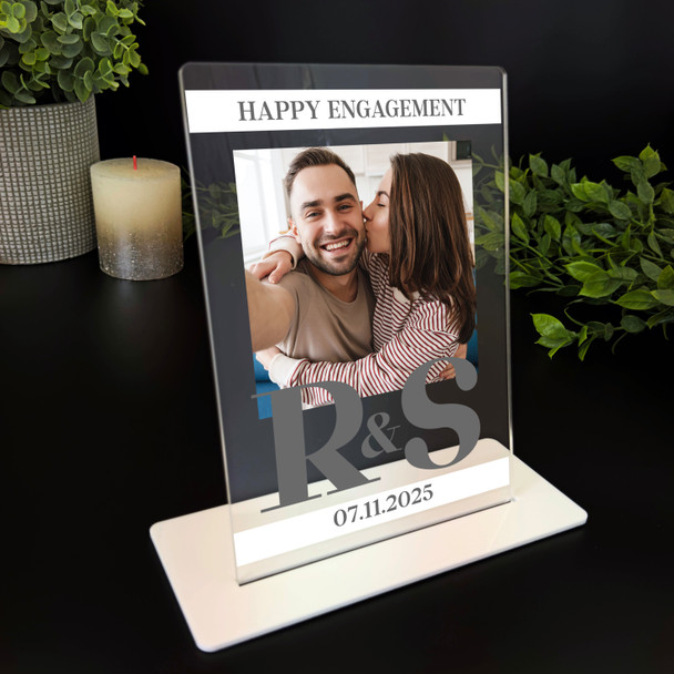 Happy Engagement Gift Initials Photo White Grey Personalised Gift Acrylic Plaque