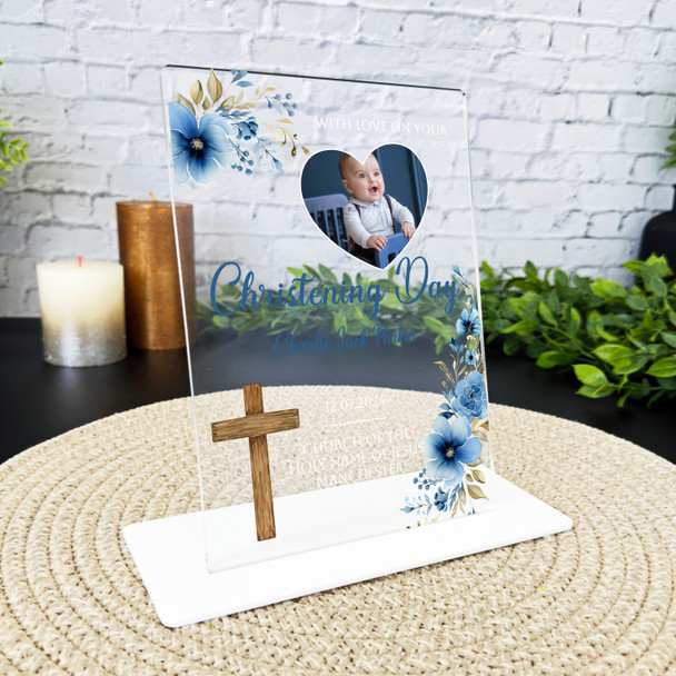 Christening Gift Blue Floral Wooden Cross Heart Photo Personalised Gift Plaque