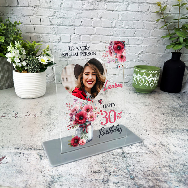 30th Birthday Gift For Her Pink Flowers Jar Heart Photo Personalised Gift Plaque