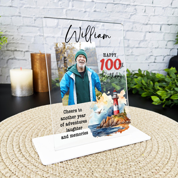 100th Birthday Gift Watercolour Lighthouse Photo Custom Personalised Gift Plaque