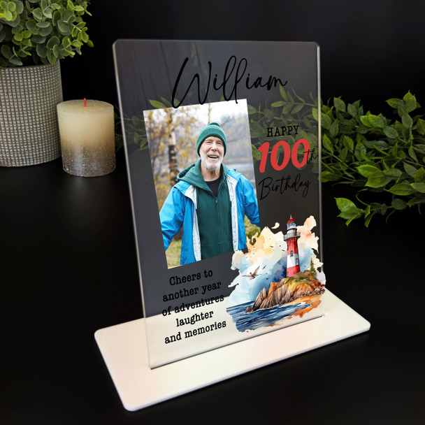100th Birthday Gift Watercolour Lighthouse Photo Custom Personalised Gift Plaque