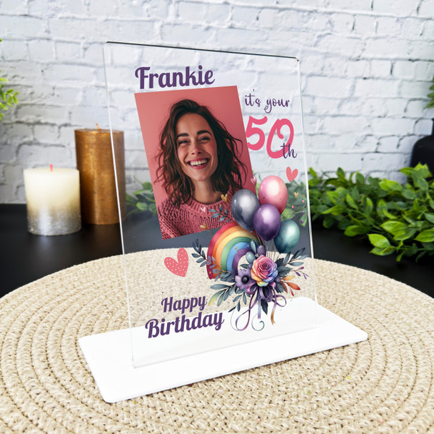 50th Birthday Gift Rainbow Floral Balloons Photo Custom Personalised Gift Plaque