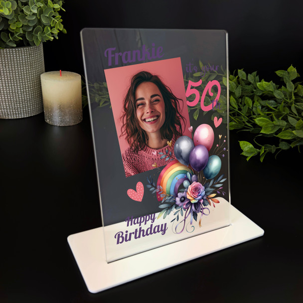 50th Birthday Gift Rainbow Floral Balloons Photo Custom Personalised Gift Plaque