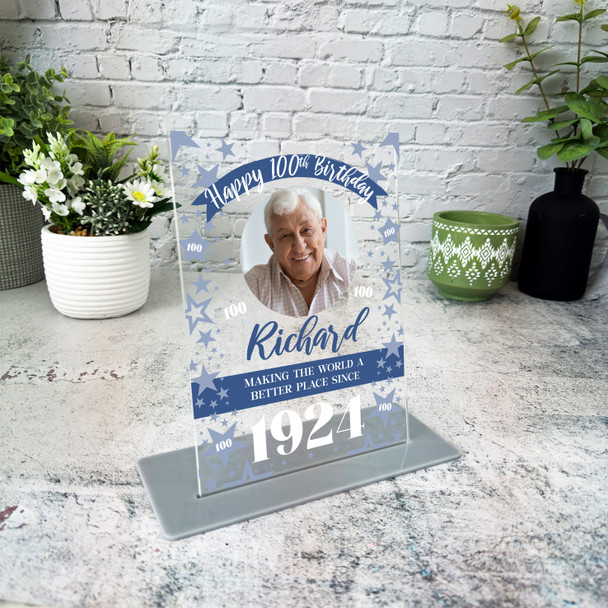 100th Birthday Gift Male Blue Star Photo Custom Personalised Gift Acrylic Plaque