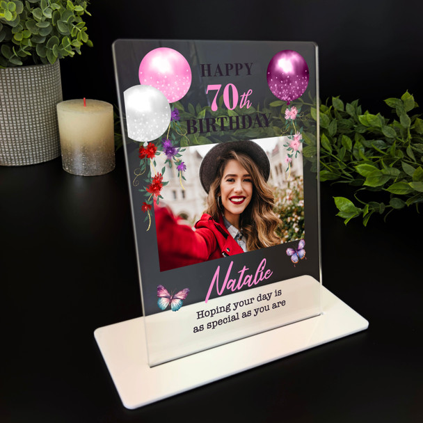 70th Birthday Gift Floral Balloons Photo Custom Personalised Gift Acrylic Plaque