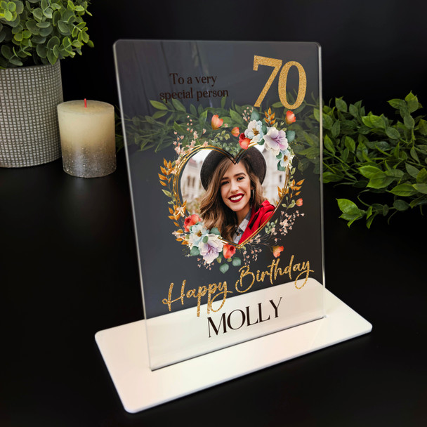 70th Birthday Gift For Female Floral Heart Photo Custom Personalised Gift Plaque