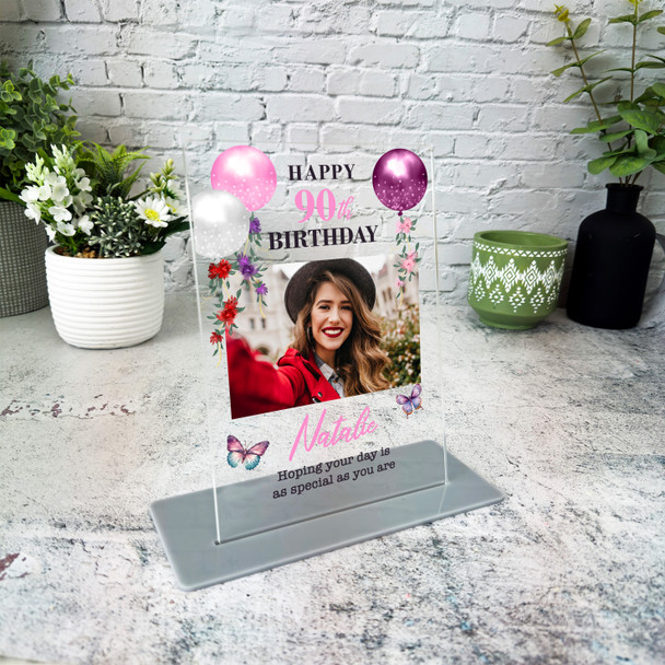 90th Birthday Gift Floral Balloons Photo Custom Personalised Gift Acrylic Plaque