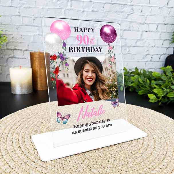 90th Birthday Gift Floral Balloons Photo Custom Personalised Gift Acrylic Plaque