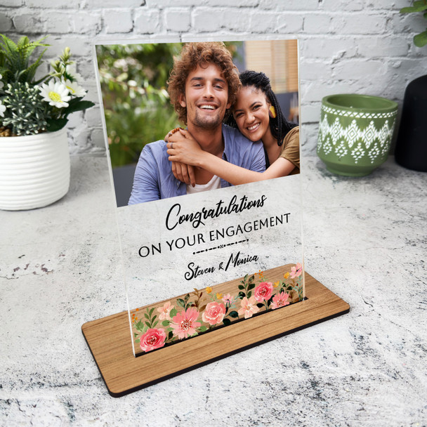 Engagement Gift Pink Watercolour Floral Photo Personalised Gift Acrylic Plaque