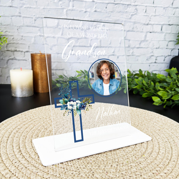 Grandson Blue Cross Photo Memorial Keepsake Gift Custom Personalised Gift Plaque