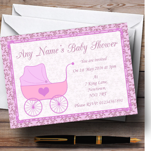 Girl Pink Pram Customised Baby Shower Invitations