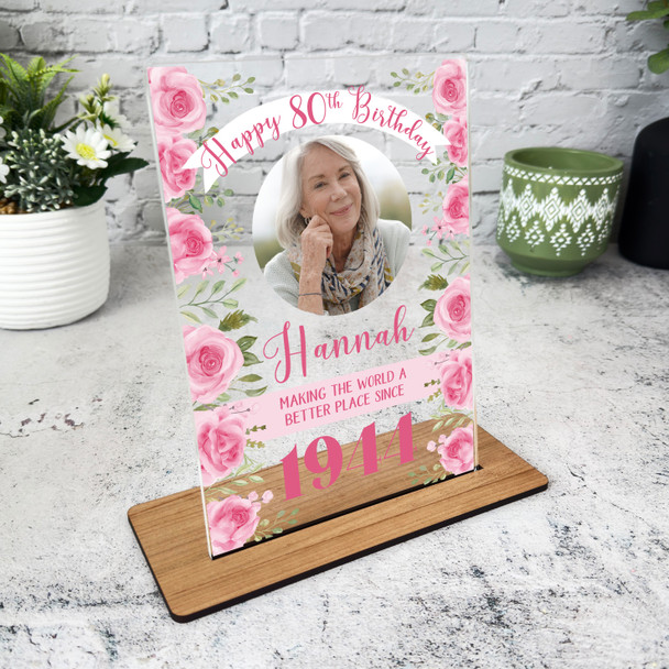 80th Birthday Gift Female Flowers Photo Custom Personalised Gift Acrylic Plaque