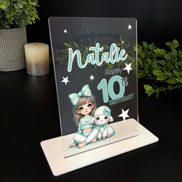 10th Birthday Gift Mint Green Cool Girl With Baby Lamb Personalised Gift Plaque