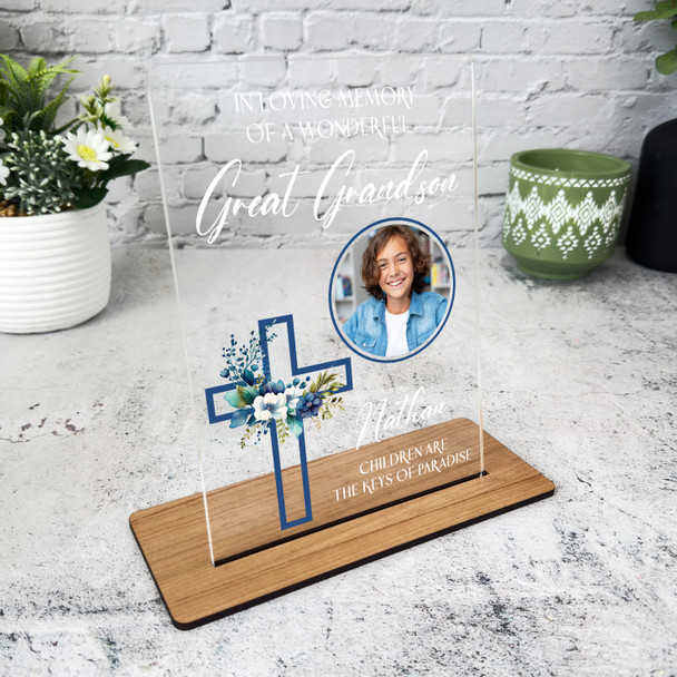 Great Grandson Blue Cross Photo Memorial Keepsake Gift Personalised Gift Plaque