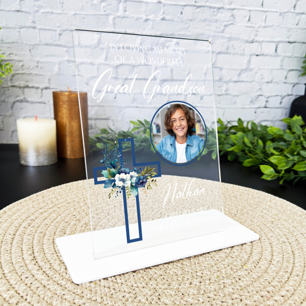 Great Grandson Blue Cross Photo Memorial Keepsake Gift Personalised Gift Plaque