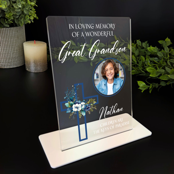 Great Grandson Blue Cross Photo Memorial Keepsake Gift Personalised Gift Plaque