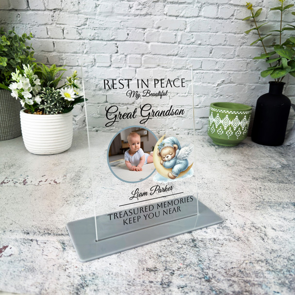 Great Grandson Blue Sleep Bear Photo Memorial Keepsake Gift Personalised Plaque