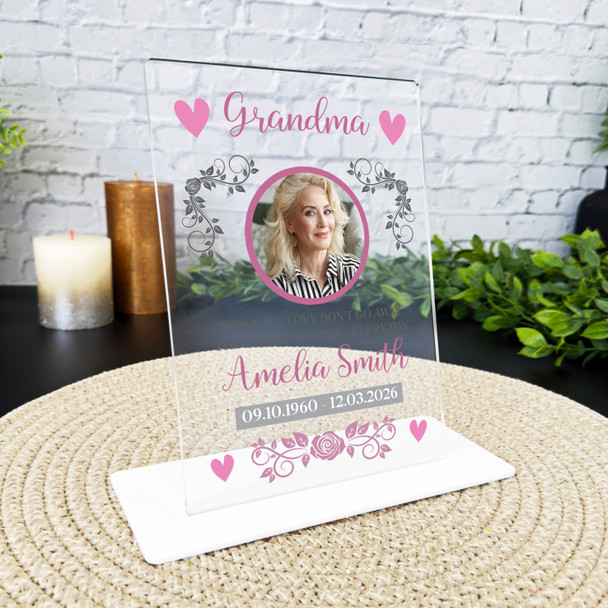 Grandma Memorial Keepsake Gift Pink Photo Rose Personalised Gift Acrylic Plaque