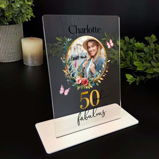 50th Birthday Gift Floral Wreath Photo Custom Personalised Gift Acrylic Plaque