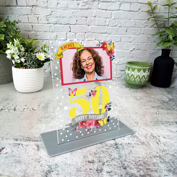 50th Birthday Gift For Female Flowers Photo Butterfly Personalised Gift Plaque