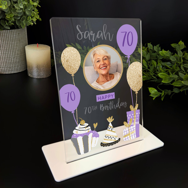 70 Birthday Gift For Her Purple Gift Cupcake Balloon Photo Personalised Plaque