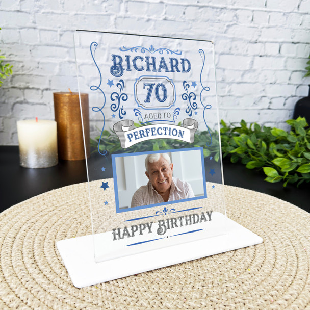 70th Birthday Gift Aged To Perfection Male Blue Photo Personalised Gift Plaque