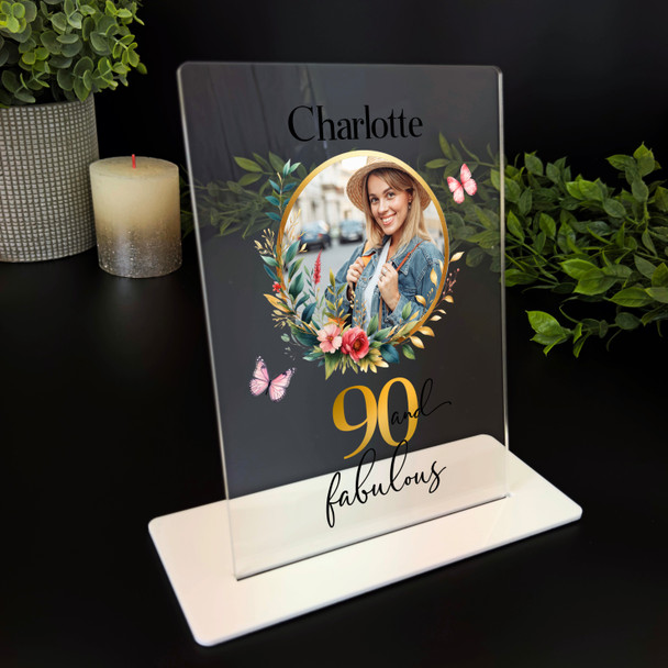 90th Birthday Gift Floral Wreath Photo Custom Personalised Gift Acrylic Plaque