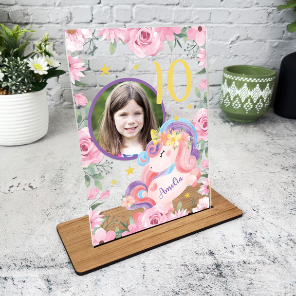 10th Birthday Gift For Girl Unicorn Pink Flower Photo Personalised Gift Plaque