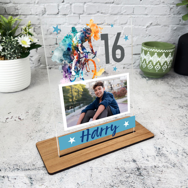 16th Birthday Gift For Him Cycling Boy Photo Personalised Gift Acrylic Plaque