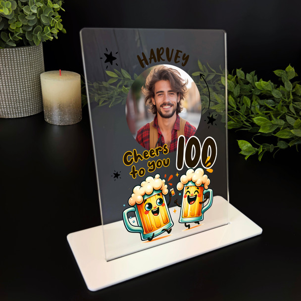 100th Birthday Gift Happy Beer Glasses Photo Personalised Gift Acrylic Plaque
