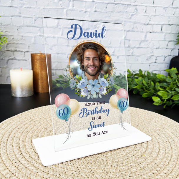 60th Birthday Gift Balloons Blue Floral Photo Custom Personalised Gift Plaque