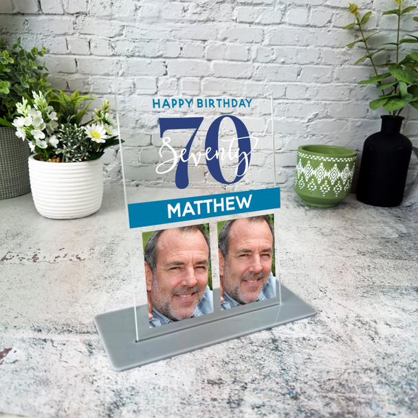 70th Birthday Gift With Two Photos Blue Grey Personalised Gift Acrylic Plaque