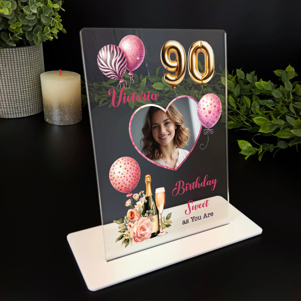 90th Birthday Gift For Her Champagne Balloons Heart Photo Personalised Plaque