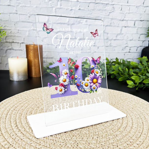 10th Birthday Gift Purple Floral Butterflies Personalised Gift Acrylic Plaque