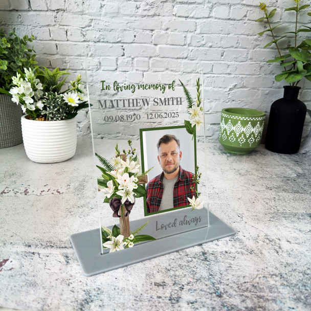 Male Memorial Keepsake Gift Green Flower Cross Photo Personalised Gift Plaque