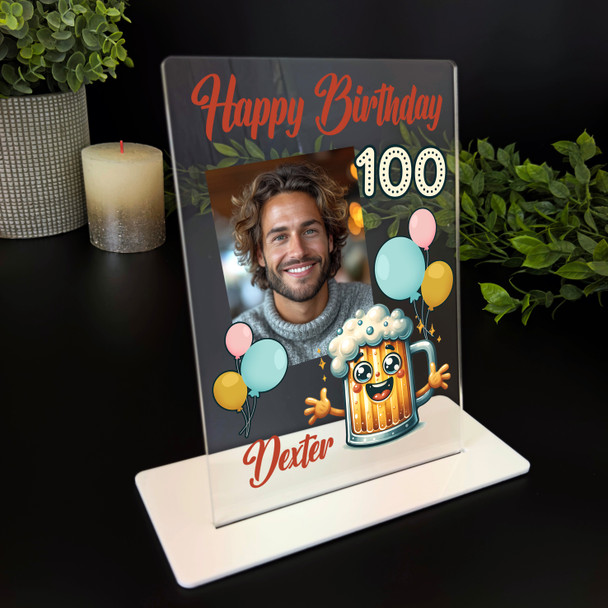 100th Birthday Gift Happy Beer Glass Balloons Photo Personalised Gift Plaque