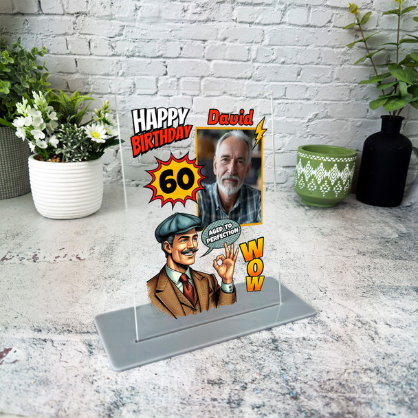 60th Birthday Gift Retro Comic Book Style Man Photo Personalised Gift Plaque