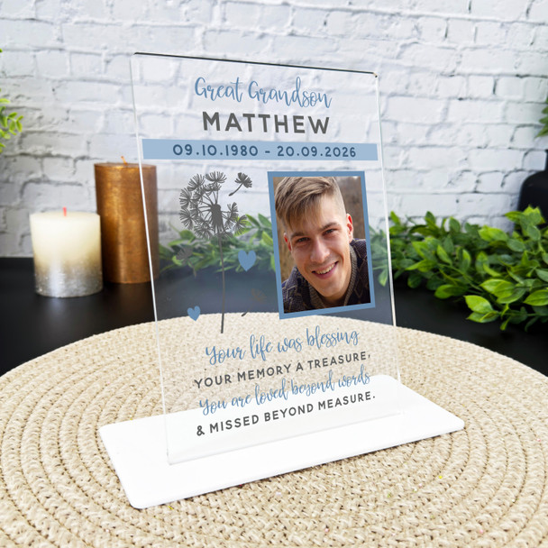 Great Grandson Him Dandelion Memorial Keepsake Gift Photo Blue Custom Plaque