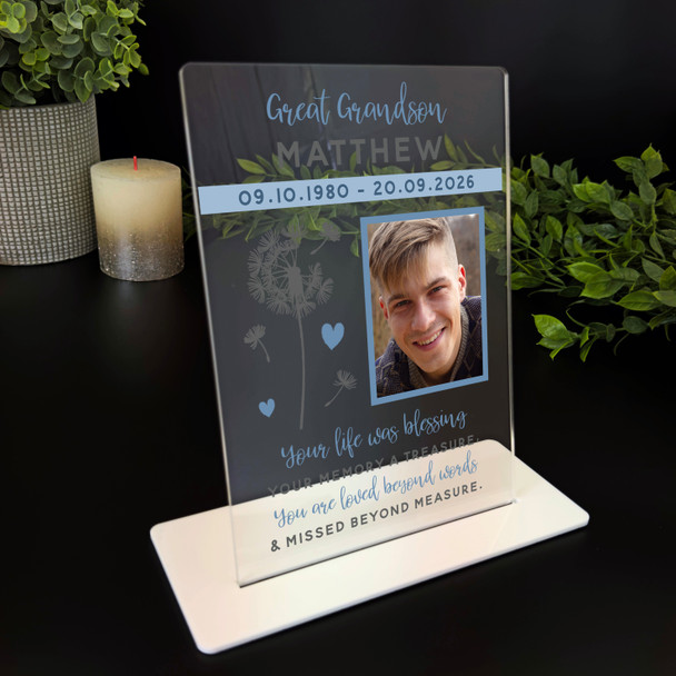 Great Grandson Him Dandelion Memorial Keepsake Gift Photo Blue Custom Plaque