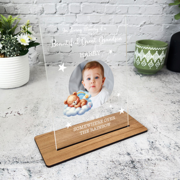 Great Grandson Rainbow Sleep Bear Photo Memorial Keepsake Gift Custom Plaque