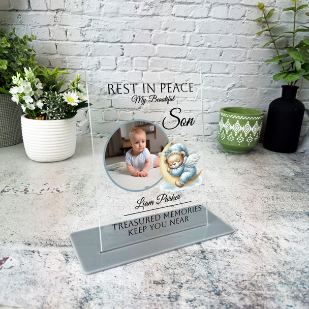 Son Blue Sleeping Bear Photo Memorial Keepsake Gift Personalised Gift Plaque