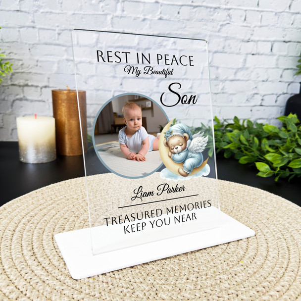 Son Blue Sleeping Bear Photo Memorial Keepsake Gift Personalised Gift Plaque