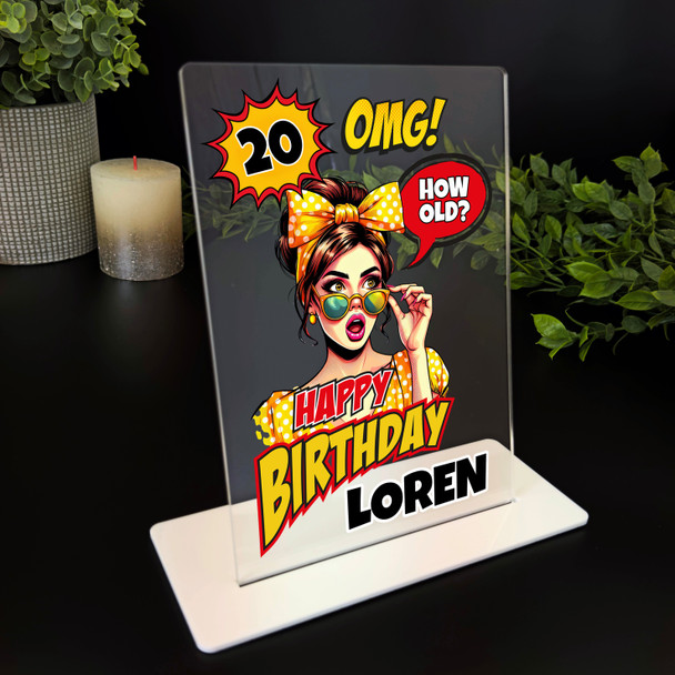 20th Birthday Gift Yellow Comic Style Girl Personalised Gift Acrylic Plaque