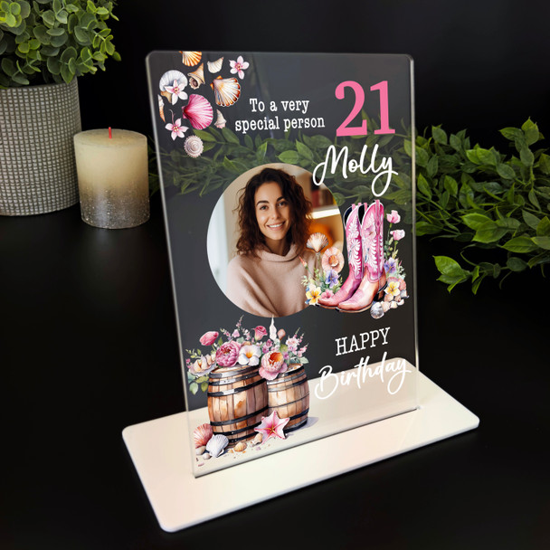21st Birthday Gift Pink Floral Cowgirl Boots Photo Personalised Gift Plaque